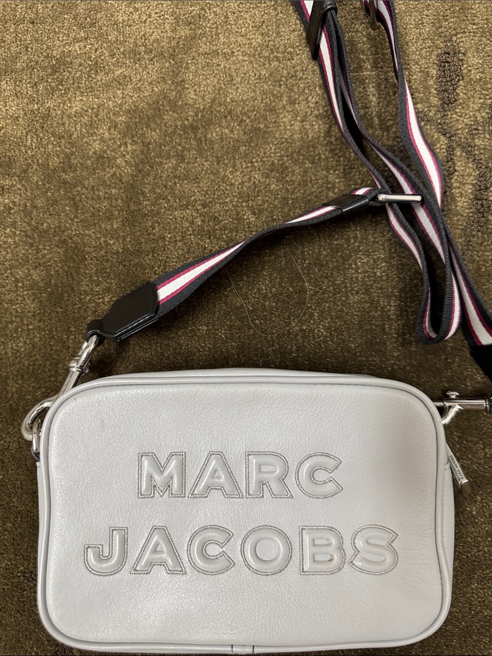 Marc Jacobs gray Leather Logo Camera Bag with Striped Strap